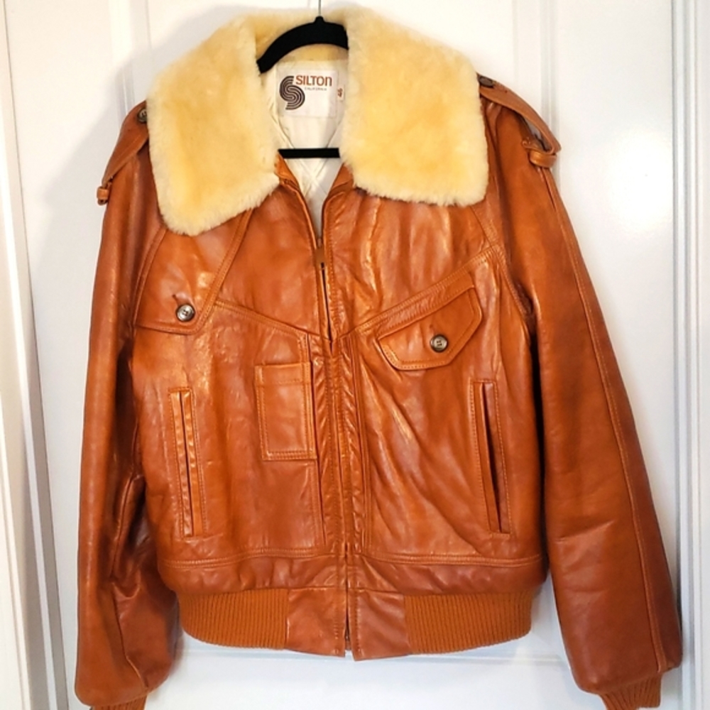 Vintage 1970s Tan Leather Bomber Flight Jacket / Silton California Sz 46